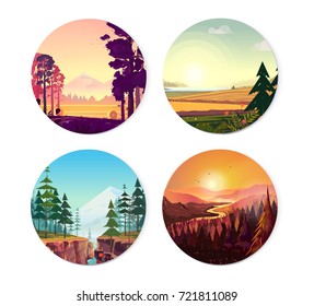 Collection of round illustrations on nature, city and sport theme. Use as logo, emblem, icon or your design work