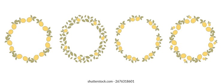 Colección de marcos redondos de corona de limón con hojas verdes sobre un fondo blanco. Diseño botánico cítrico brillante para etiquetas de invitaciones y decoración de temporada.