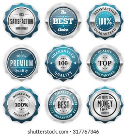 Collection of round light blue badges with silver border