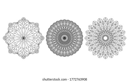 colección Mandala redonda sobre fondo blanco aislado. Vector boho mandala en color púrpura y rosa. Mandala con motivos florales. Plantilla de yoga
