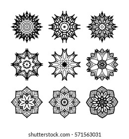 Collection of round ornaments for design artwork. Vector set.