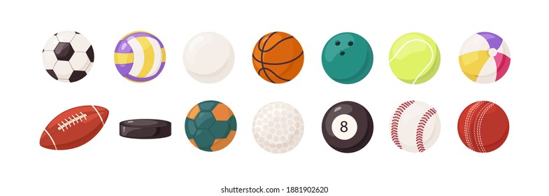 Collection of round and oval balls for different sports and recreational activities vector flat illustration. Set of various equipment for sport games isolated on white background - Shutterstock ID 1881902620