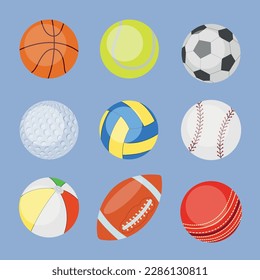 Collection of round and oval balls for sports events.
Vector illustration. Set of various equipment for sports games isolated on a blue background.