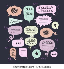 Collection of round, oval, triangle shaped speech bubbles. Flat style balloon kit for dialogue, chat, talk. Comic colorful bulbs with scribbles on dark background with doodle elements. Vector