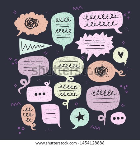 Collection of round, oval, triangle shaped speech bubbles. Flat style balloon kit for dialogue, chat, talk. Comic colorful bulbs with scribbles on dark background with doodle elements. Vector