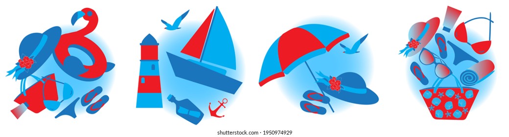 Collection of round postcards. Summer vacation at the sea. Ship, lighthouse, beach bag, hat, swimsuit, sandals, sunscreen. Vector blue and red.