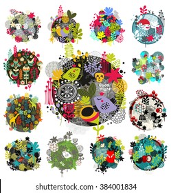 Collection of round prints and floral labels. Vector background of grass, leaves, flowers and animal.