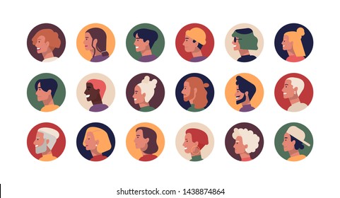 Collection of round profile portraits of young and elderly stylish men and women with various hairstyles. Bundle of funny people's heads or faces. Set of avatars. Flat cartoon vector illustration.