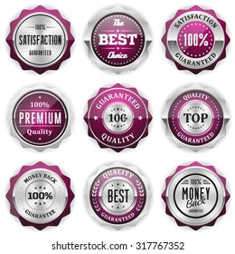 Collection of round purple badges with silver border