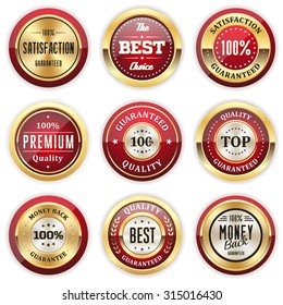 Collection of round red badges with gold border