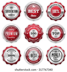 Collection of round red badges with silver border