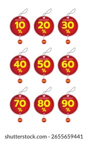 Colección de etiquetas redondas de descuento rojo que muestran porcentajes de 10% a 90% de descuento. Ideal para promociones, ventas en línea, Anuncios de productos y ofertas de temporada en el comercio minorista y electrónico.