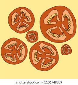 Collection of round red tomato slices. Tomatoes cut down and across. Hand drawn vector illustration. 
