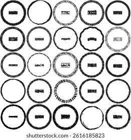 Collection of Round Rough, Distressed, Decorative Border Frames with Clear Background. Ideal for vintage label designs.