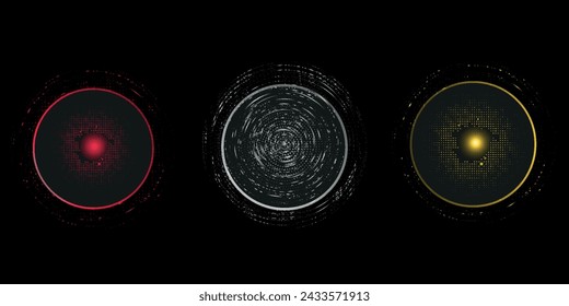 Collection of round shape glitter metal frames. Shine sparkle confetti border set, silver, golden and rose. Christmas design elements on transparent background