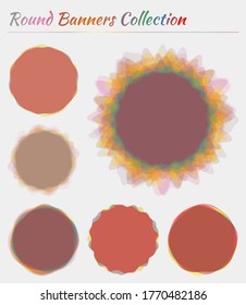 Collection of round shapes. Circular backgrounds in red blue green orange colors. Radiant vector illustration.