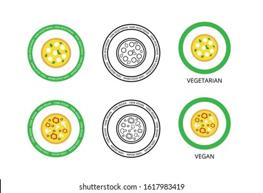 Collection of round signs with vegetarian and vegan pizzas. Isolated emblems for product packaging, banners, posters, cards. Vector illustration