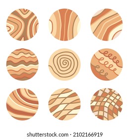 A collection of round social media highlight icons. The theme is brown texture representing organic, natural, and earthy. Originally created from hand drawn design.