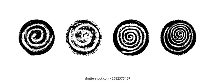 Colección de garabatos redondos en espiral en crayón, pastel, tiza y carbón. Los remolinos de garabatos de cera al estilo infantil muestran un movimiento de salpicadura líquido, un movimiento de giro con curvas, como en una pizarra de la escuela. Ilustración vectorial
