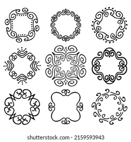 Collection of round and square hand drawn ink vector ornaments. Black sketch frames with swirls isolated on a white background. Doodles for the design of vignettes, plates, logos, stickers, labels