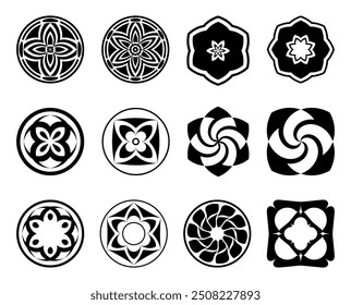 Collection of round, square, polygonal abstract ornamental black patterns isolated on white background. Ornament elements in modern style for logo design, cover, printing on paper. Vector illustration