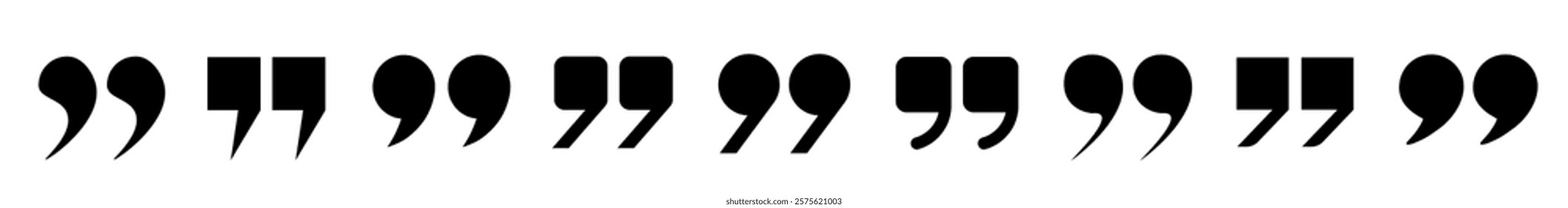 A collection of round and square quotes in black on a white background. A set of linear icons, with commas. Check mark or checkbox, quote icons in the comments. Vector EPS 10.
