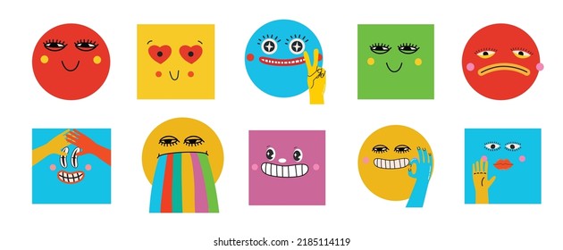 Collection of Round, Square, Triangular and heart shape abstract comic Faces with various Emotions. Crazy Abstract comic geometric shape elements and faces. Vector Illustration