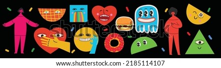 Collection of Round, Square, Triangular and heart shape abstract comic Faces with various Emotions. Crazy Abstract comic geometric shape elements and faces. Vector Illustration