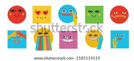 Collection of Round, Square, Triangular and heart shape abstract comic Faces with various Emotions. Crazy Abstract comic geometric shape elements and faces. Vector Illustration