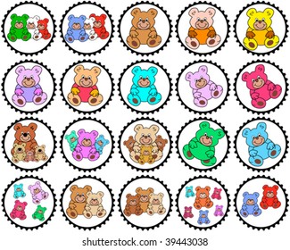 collection of round stamps with colored teddies