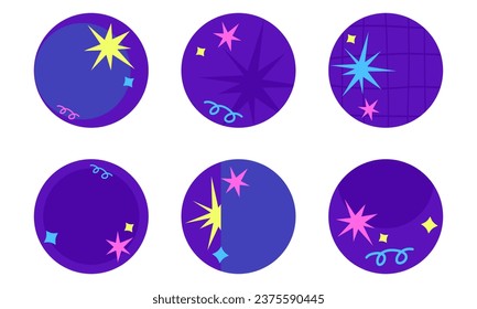 A collection of round stickers with abstract space patterns, a flat vector illustration isolated on a white background. The galaxy and outer space