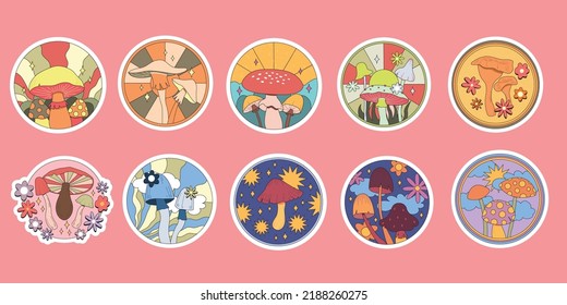 Colección de pegatinas redondas mágicas hongos alucinógenos. Fantasmas adorables elementos. Hongos de dibujos animados retro. Resumen de diseño moderno. Estilo hippie. Ilustración plana vectorial en un fondo aislado. 