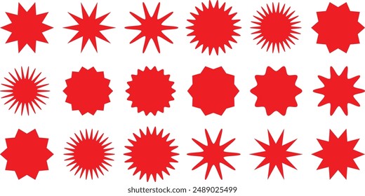 Collection of round sun burst or star shape badges. Red starburst badge set on white background	