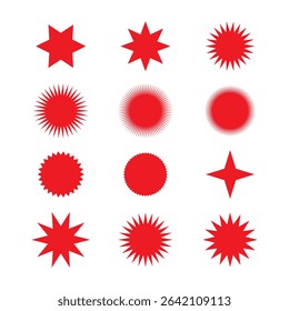 Collection of round sun burst or star shape badges. Red starburst badge set on white background