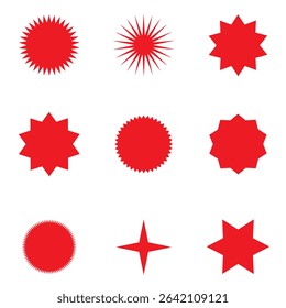 Collection of round sun burst or star shape badges. Red starburst badge set on white background