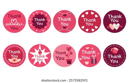 A collection of round "Thank You" stickers featuring hearts, romantic designs, and pastel tones, perfect for Valentine's Day or gratitude notes