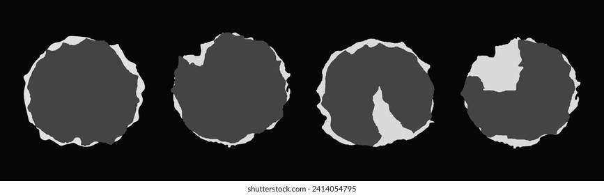 Collection of round   torn paper pieces. Black square frames with Irregular edges.Set of silhouettes of ripped rectangular shapes. Piece of grunge collage stickers.