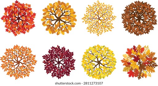 A collection of round tree canopy illustrations viewed from above, showing autumn foliage in red, orange, yellow, and brown tones, ideal for landscape design, park maps, and seasonal garden graphics. Each tree top is illustrated in a flat vector style suitable for print and digital projects.

