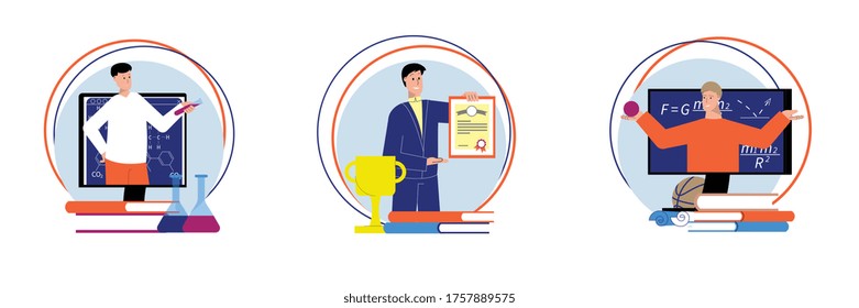 Colección de composiciones de tutoría redonda con personajes de profesores con trofeos de libros y ilustración de pantalla de educación en línea