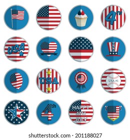 collection of round USA fourth of july badges, isolated on white with transparencies