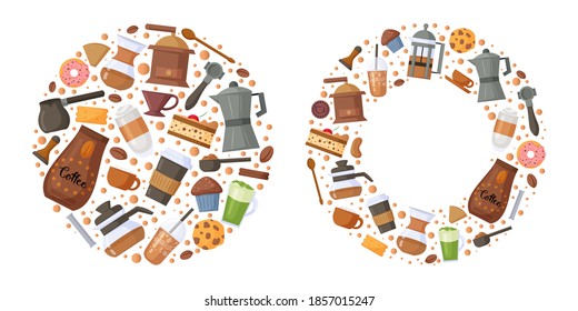 Collection of round wreaths with coffee maker elements, sweets and different type of coffee. Design for menu, logo, packaging, poster, banner, print. Vector illustration.