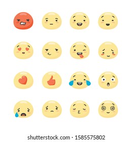 Collection of round yellow smiley faces expressing positive and negative emotions - anger, happiness, confusion, sadness, joy. Bundle of emoticons or facial expressions. Cartoon vector illustration.