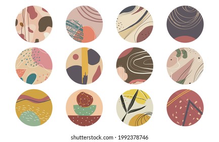 Collection of rounded icons in abstract minimal and flat style. Geometric shapes, lines, grainy patterns, confetti, and textures. Colorful and varied for social networks, profiles, avatars and more.