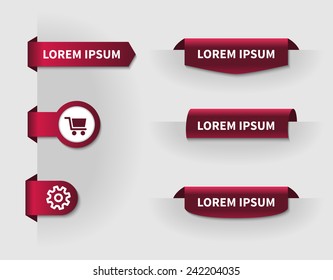 Collection of rounded red 3d banners. Stickers on the top of the page. Modern navigation items.