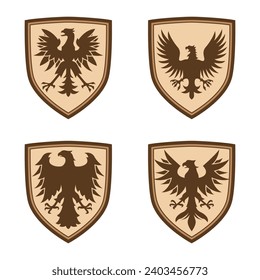 Collection of royal bird logos with shields. Heraldic bird logo