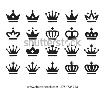 Collection of royal crowns, simple icons, vector graphics, regal symbols, isolated on white background.