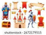 Collection of royal and medieval elements including a king, knight, castle, treasure chest, crown, and banner. Vector cartoon illustration