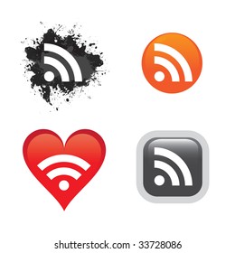 A collection of RSS feed buttons logos or icons for web design.  Easily customize these web 2.0 style vector icons for your own website.