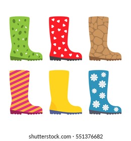 Collection of rubber boots with different prints. flat vector illustrations isolate on a white background. easy to use