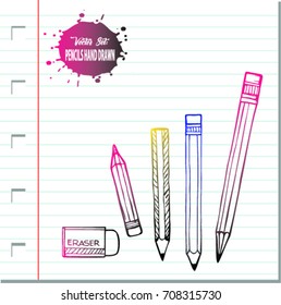 Collection of rubber and pencils.Sketch vector set in doodle style 